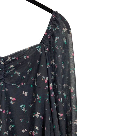 Floral Long Sleeve Mesh Mini Dress w/ Ruched Front - Picture 3 of 9